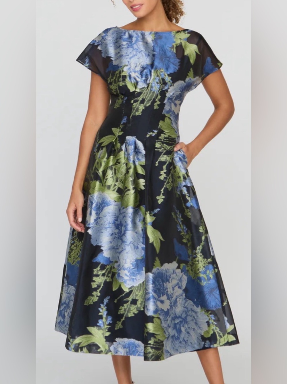 NWT SZ 14 Kay Unger Florene Tea Length Dress Blue Floral STUNNING